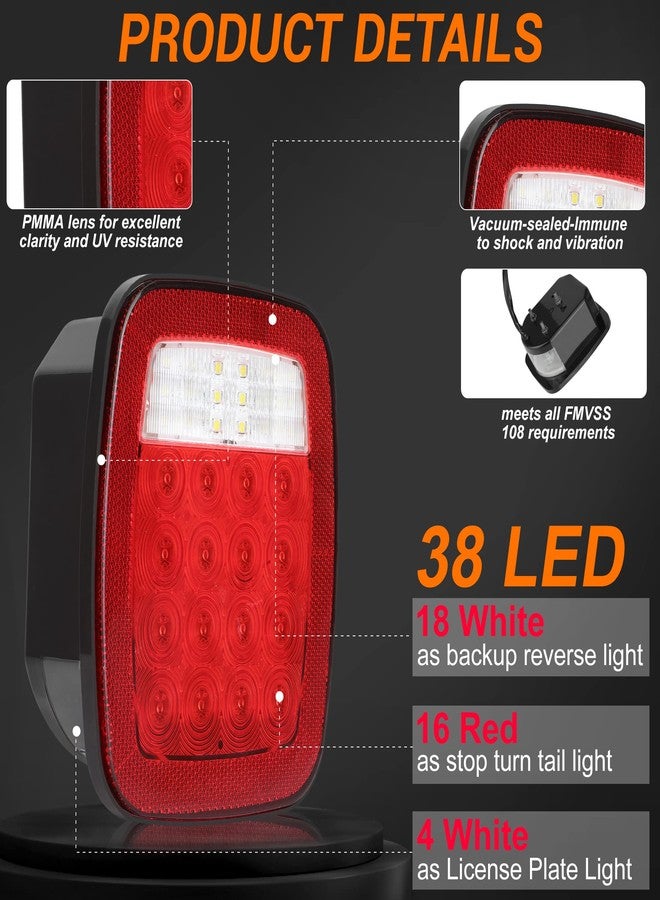 CMVT Auto Universal 38 LED Replacement Tail Lights Taillights for Jeep Wrangler TJ YJ CJ, Red Lens BAR Square Brake Stop Turn Signal Reverse w/License Plate lamp Assembly, 2PCS - Image 2